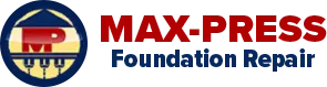 Logo for Max-Press Foundation Repair. A blue and gold circle contains a red 
